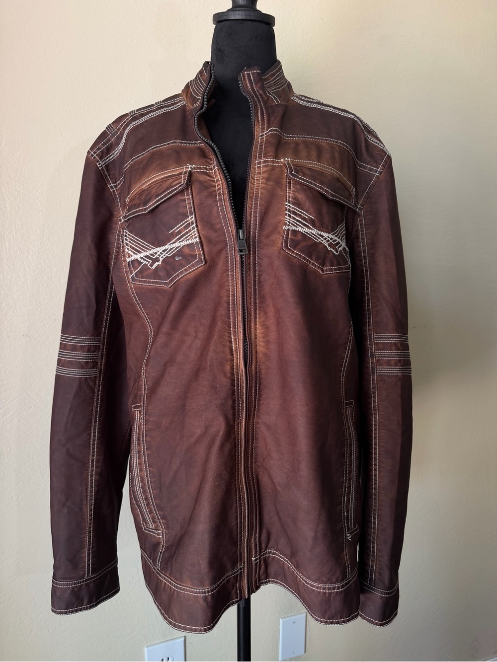 Brown washed vegan leather jacket BKE men’s athletic fit large